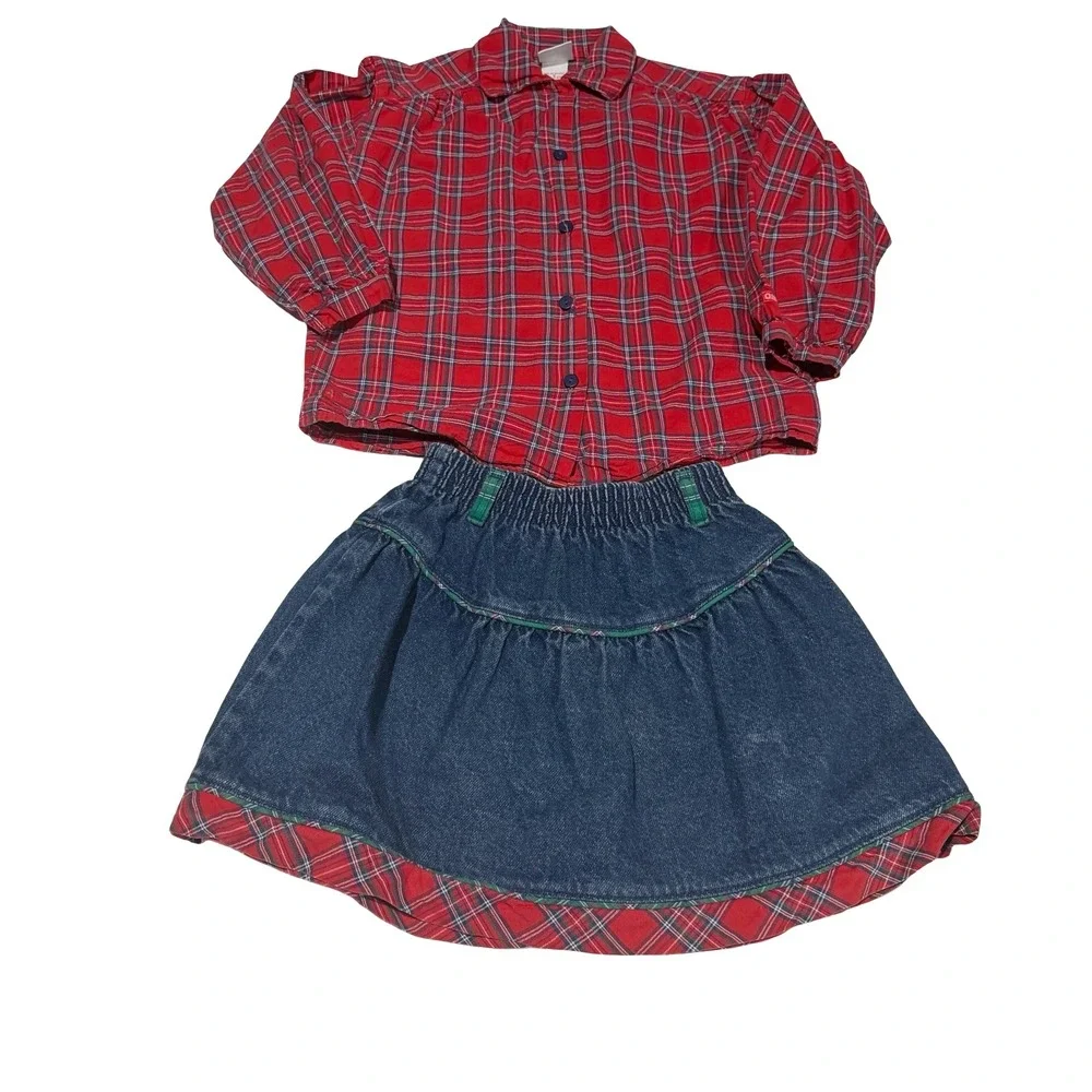 Vintage OshKosh Bgosh Girls 3pc Red Plaid Shirt Denim Jeans Skirt Set Size 6 USA